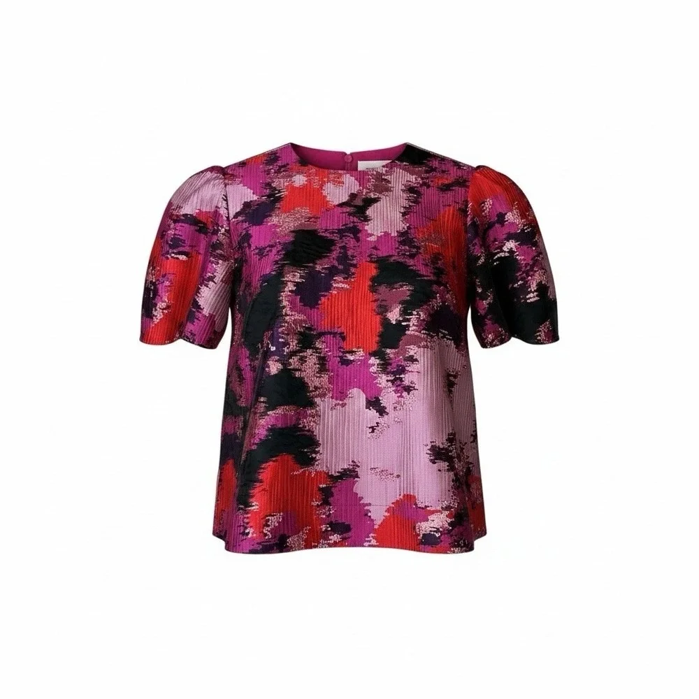 NWOT Tuckernuck Pomander Place Red Pink Jacquard‎ Lyla Blouse Med Classy Elegant